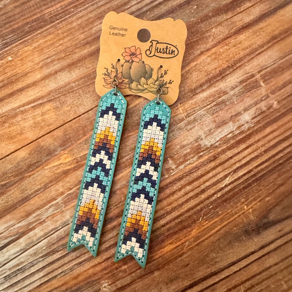 Justin Boots Needlepoint design Genuine Turquoise Leather Earrings NWT